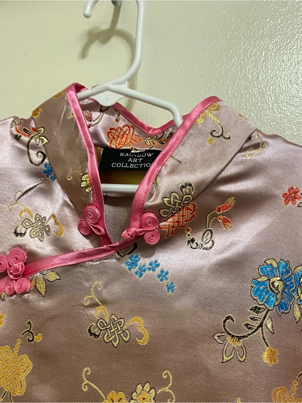 Girls Dress Size M 8 Chest 30” Chinese Cheongsam Pink Satin Floral Embroidery